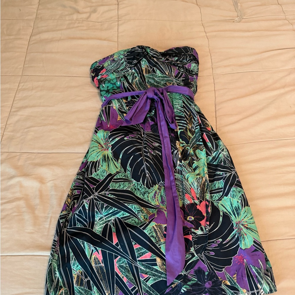 Strapless Tropical Print Dress with Purple Accents